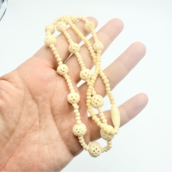 Vintage Hand Carved Bone Bead Necklace Floral Bone Beads - Picture 4 of 8